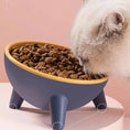 Cargar la imagen en la vista de la galería, Gamelle surélevée inclinée antidérapante pour chat et petit chien, bol bleu à rebord jaune et pieds robustes.