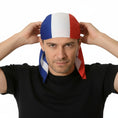 Load image into Gallery viewer, Homme portant un bandana pour chien aux couleurs bleu, blanc et rouge pour un style unique