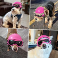 Load image into Gallery viewer, Casque pour chien avec lunettes rose de la marque Oscar et Plume porté par différents chiens