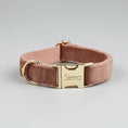 Charger l'image dans la visionneuse de la galerie, Collier chien en velours personnalisable couleur rose avec boucle dorée gravée Oscar et Plume