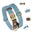 Charger l'image dans la visionneuse de la galerie, collier chien personnalisable Oscar et Plume en suède bleu avec plaque gravée boucles et anneau en laiton