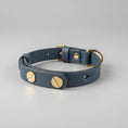 Load image into Gallery viewer, Collier en cuir fait main pour chat en bleu avec clous dorés pour un style élégant
