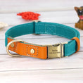 Charger l'image dans la visionneuse de la galerie, Collier et laisse personnalisable chien en nylon bleu et cuir orange avec fermeture métallique gravée