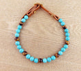 Load image into Gallery viewer, Collier lithothérapie chien Oscar et Plume en perles turquoise et œil de tigre avec fermeture cuir