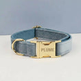 Charger l'image dans la visionneuse de la galerie, Collier pour chien design en bleu avec boucle dorée et inscription personnalisée 'JUNIPER'