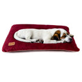 Charger l'image dans la visionneuse de la galerie, Coussin en velours pour chien rouge d'Oscar et Plume avec un chiot qui dort paisiblement