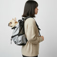 Carica l'immagine nel visualizzatore della galleria, Sac à dos pour chien gris et noir Oscar et Plume porté par un homme avec un petit chien à l’intérieur