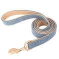 Load image into Gallery viewer, Ensemble laisse et collier chien en cuir bleu avec finitions dorées pour un look élégant
