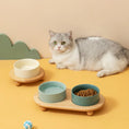 Charger l'image dans la visionneuse de la galerie, Gamelle céramique chat double bol bleu et blanc sur support en bois avec chat gris allongé