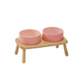 Charger l'image dans la visionneuse de la galerie, Gamelle céramique chien rose avec support en bois naturel sur pieds pour repas confortable