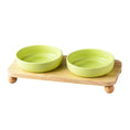 Load image into Gallery viewer, Support en bois avec deux gamelles céramique pour chien et chat de couleur verte idéale pour les aliments