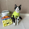 Carica l'immagine nel visualizzatore della galleria, T-shirt pour chat Oscar et Plume en couleur jaune sur un chat noir et blanc avec d'autres t-shirts en arrière-plan