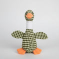 Load image into Gallery viewer, Jouet peluche chien en forme d'oie avec texture en pois verts et oranges de 27 cm