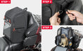 Load image into Gallery viewer, Sac moto pour chien noir installé sur une moto avec étapes de fixation et petit chien à l'intérieur