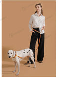 Load image into Gallery viewer, Femme utilisant une laisse mains libres pour chien Oscar et Plume avec chien tacheté blanc et noir