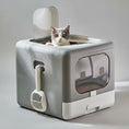 Load image into Gallery viewer, Litière double entrées pour chat grise avec ouverture sur le dessus et fenêtre latérale transparente