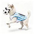 Load image into Gallery viewer, Chien portant un maillot football pour chien rayé bleu et blanc, tenant un ballon de foot