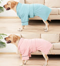 Charger l'image dans la visionneuse de la galerie, Chien portant un peignoir confortable pour chien en bleu et rose avec ceinture et bordure noire