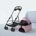 Load image into Gallery viewer, Poussette pour chien Oscar et Plume avec chariot noir et nacelle rose amovible et aérée
