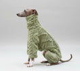 Charger l'image dans la visionneuse de la galerie, Oscar et Plume pull col roulé whippet vert peluche porté par un whippet assis dans un jardin herbeux
