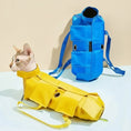 Cargar la imagen en la vista de la galería, Sac à dos pour chat Oscar et Plume en tissu jaune et bleu avec poches et lanières ajustables