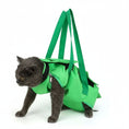 Cargar la imagen en la vista de la galería, Chat gris portant un sac à dos pour chat vert avec bretelles ajustables de la marque Oscar et Plume