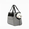 Load image into Gallery viewer, Sac de voyage pour chien gris avec ouverture frontale et anses noires pour transporter un petit chien