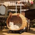 Load image into Gallery viewer, Valise à roulette pour chat en osier avec oreilles, cage de transport élégante pour animaux