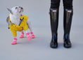 Cargar la imagen en la vista de la galería, Chien bulldog français portant un vêtement de pluie pour chien jaune avec bottines roses à côté d'une personne en bottes noires