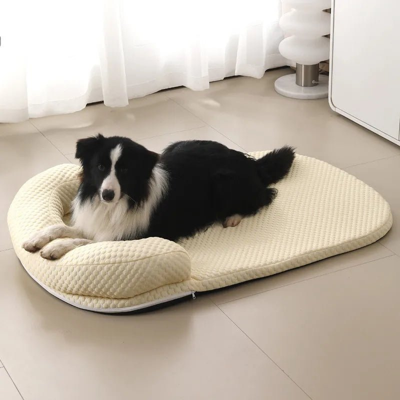 Chien allongé confortablement sur un tapis rafraichissant chien beige dans un intérieur lumineux