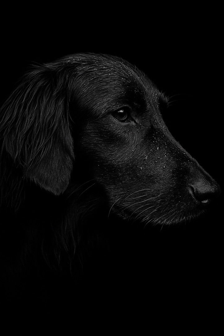 Portrait en noir et blanc d’un chien retroussant le museau droit, éclairé en lumière rasant le poil sur fond noir.