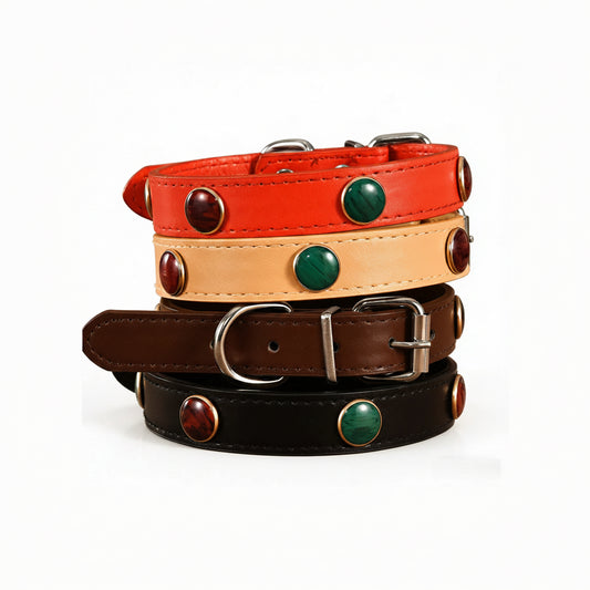Collier En Cuir Avec Pierres Colorées Pour Petits Chiens