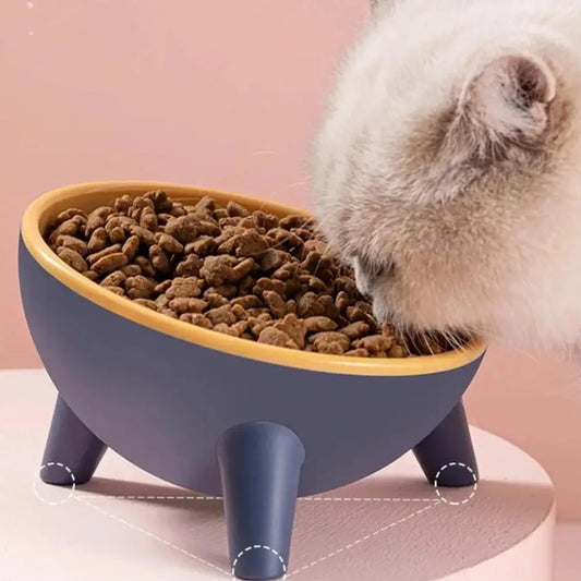 Gamelle surélevée inclinée antidérapante pour chat et petit chien, bol bleu à rebord jaune et pieds robustes.