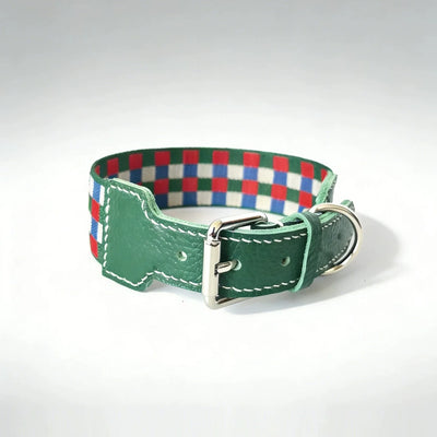 Collier Chien Damier Multicolore En Cuir Véritable Largeur 3,8 cm
