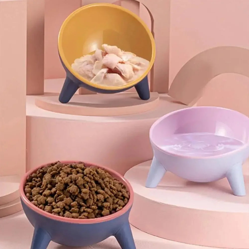 Gamelle surélevée inclinée et antidérapante pour chat et petit chien, avec bols pastel et nourriture.