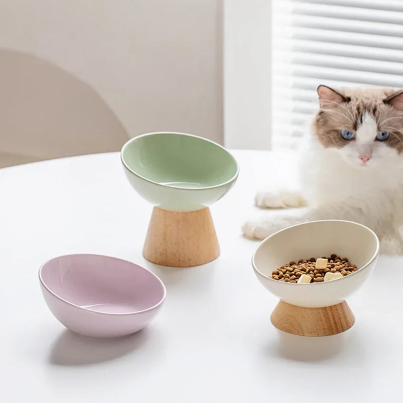 Gamelle Céramique Inclinée Pour Chat Avec Support Bois