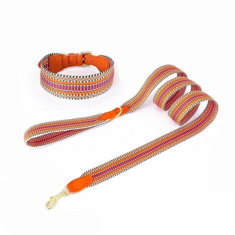 Ensemble laisse et collier en cuir et tissage pour chien Oscar et Plume Orange / S