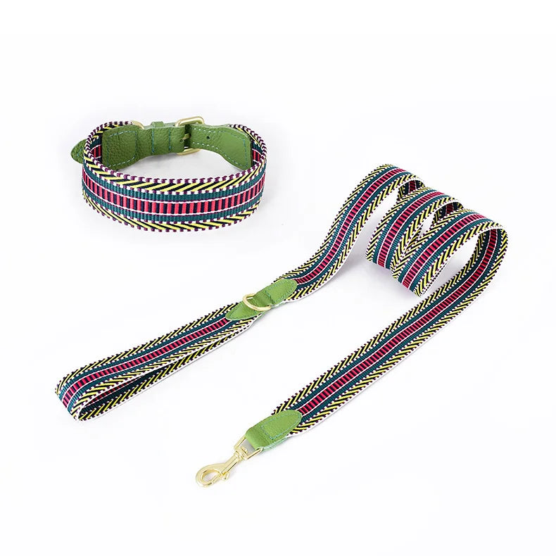 Ensemble laisse et collier en cuir et tissage pour chien Oscar et Plume Vert / S