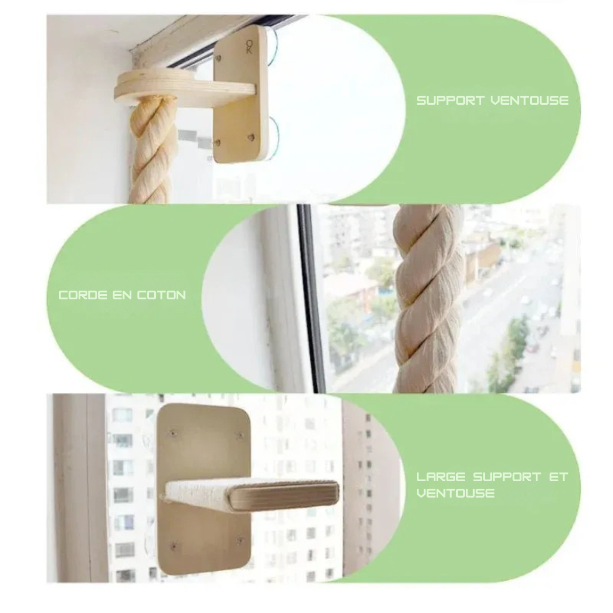 Accessoire escalade pour chat avec support ventouse et corde en coton pour un plaisir en hauteur