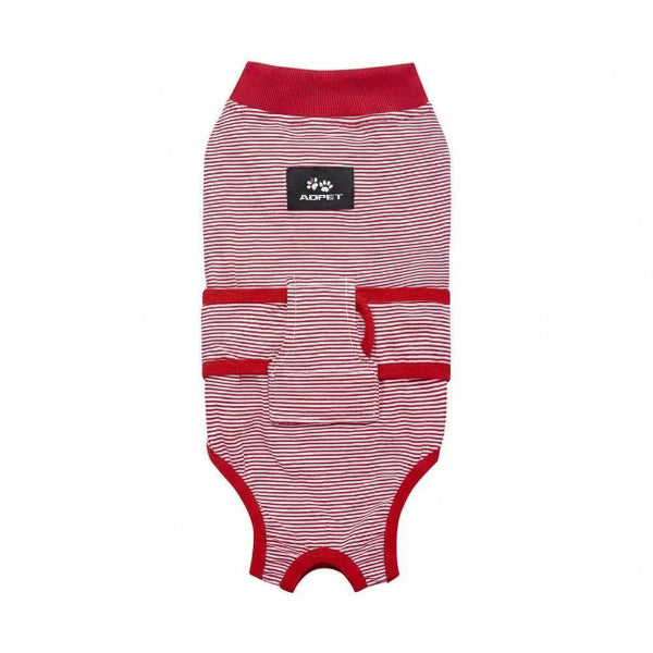 T-shirt post opératoire chien rayé rouge et blanc avec ouvertures pour pattes conçu par Oscar et Plume