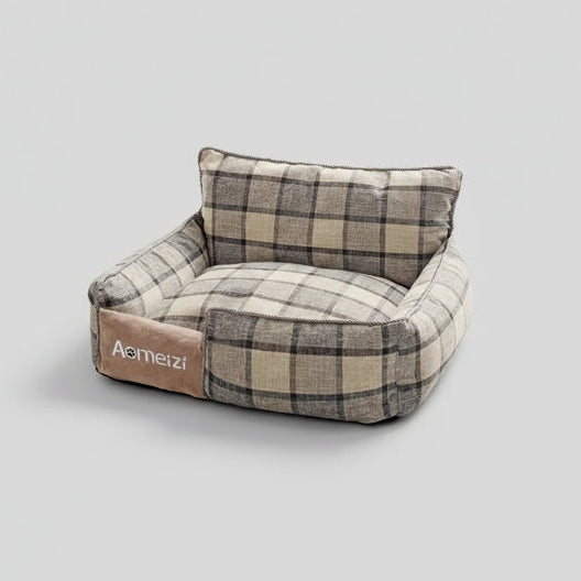 Lit déhoussable chien Oscar et Plume en tissu à carreaux gris pour un confort optimal