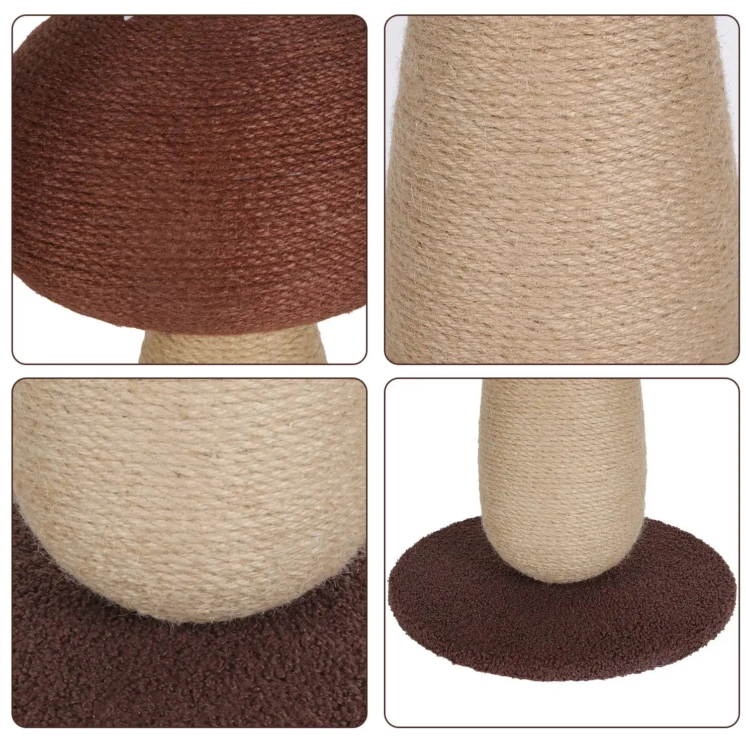 Détails des textures cordage sisal beige et base moelleuse marron d'un arbre à chat Oscar et Plume