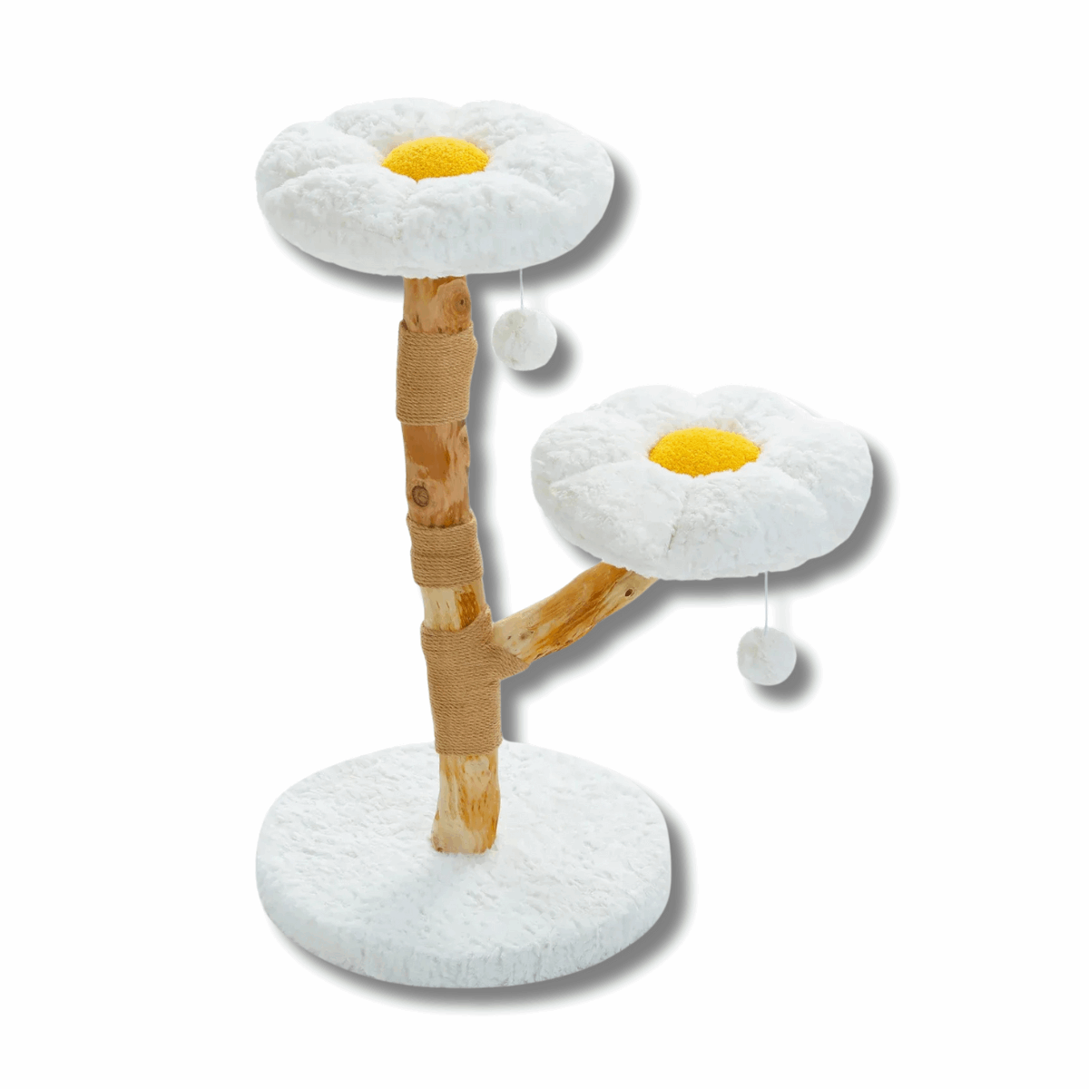 arbre à chat en bois Oscar et Plume tronc naturel deux plateformes fleurs blanches centres jaunes sisal pompons suspendus