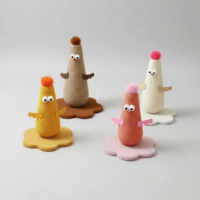 Quatre arbres à chat en sisal design colorés avec des pompons et des yeux en plastique pour chats