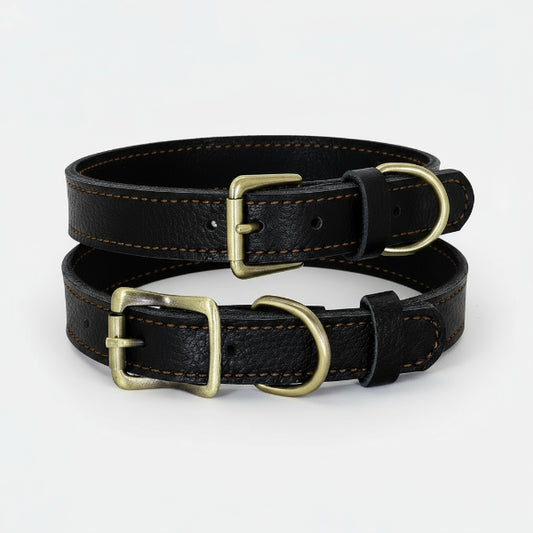 Collier cuir pour chien noir avec boucle métallique et couture marron par Oscar et Plume