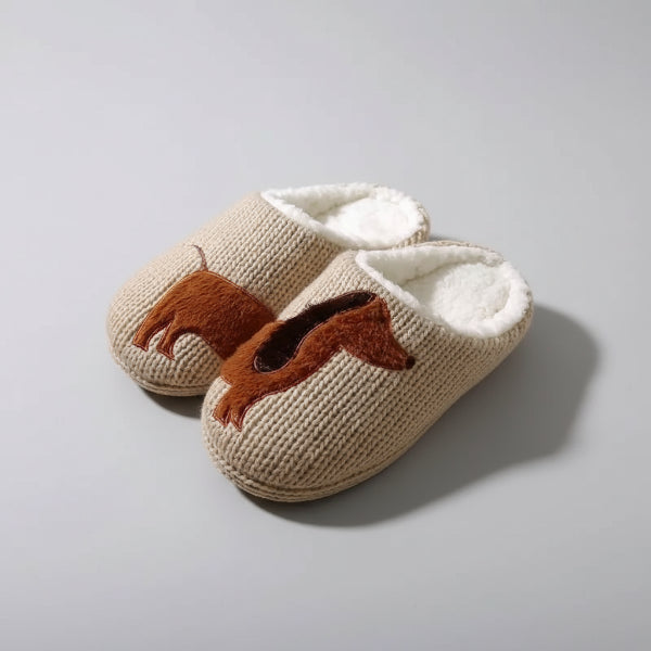 chaussons tricotés beiges Oscar et Plume avec doublure en moumoute blanche et motif renard marron