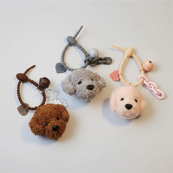 porte-clés caniche en peluche Oscar et Plume trio de têtes de caniche rose gris et marron avec cordon tressé et breloques