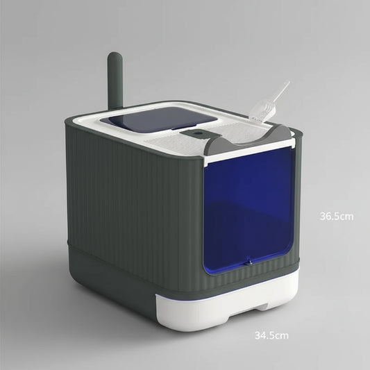 Bac à litière pliable chat gris avec porte bleue et design compact Oscar et Plume