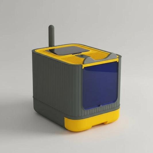 Bac à litière pliable chat gris et jaune avec porte bleue et dimensions indiquées