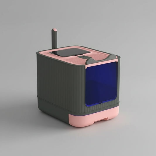 Bac à litière pliable chat Oscar et Plume gris et rose avec porte bleue et dimensions indiquées